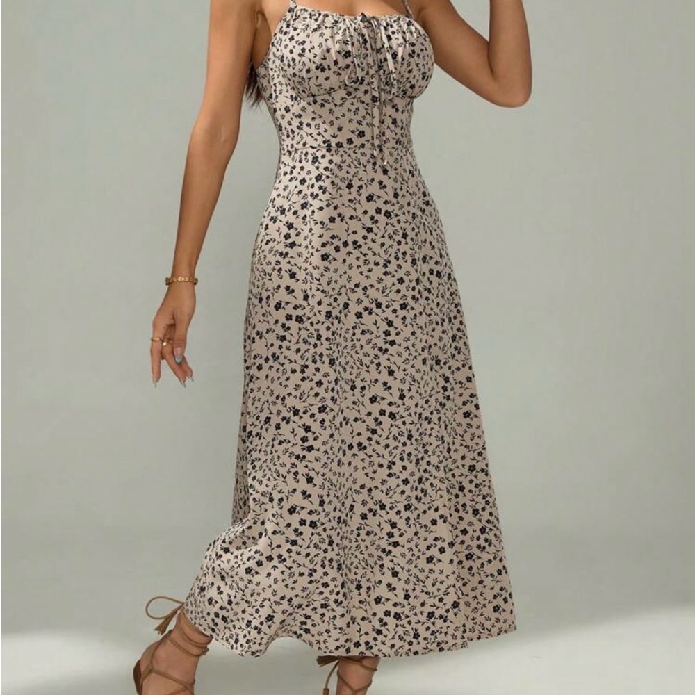 SHEIN Beige Maxi Dress with Black Floral Print